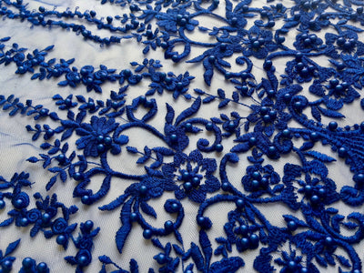 Daphne ROYAL BLUE Faux Pearls Beaded Flowers and Vines Lace Embroidery on Mesh Fabric by the Yard - 10103