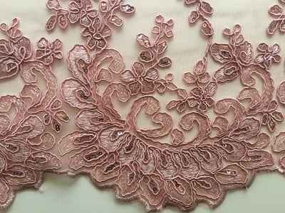 Melody DARK DUSTY PINK Polyester Floral Embroidery with Sequins on Mesh Lace Fabric by the Yard for Gown, Wedding, Bridesmaid, Prom - 10002