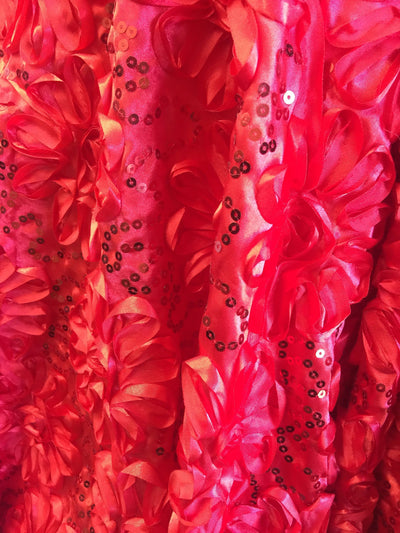 Allie RED 3D Floral Polyester Satin Rosette with Sequins Fabric by the Yard - 10051