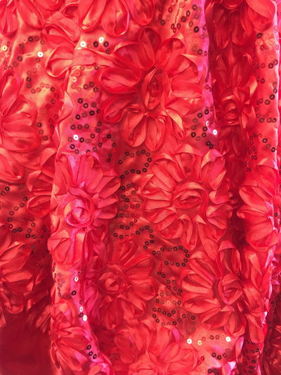 Allie RED 3D Floral Polyester Satin Rosette with Sequins Fabric by the Yard - 10051