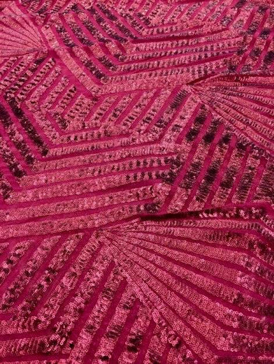 Thea BURGUNDY Geometric Sequins Diamond & Stripes on Mesh Lace Fabric by the Yard - 10026