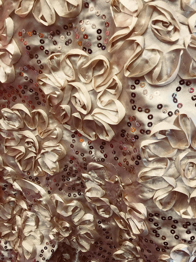 Allie CHAMPAGNE 3D Floral Polyester Satin Rosette with Sequins Fabric by the Yard - 10051