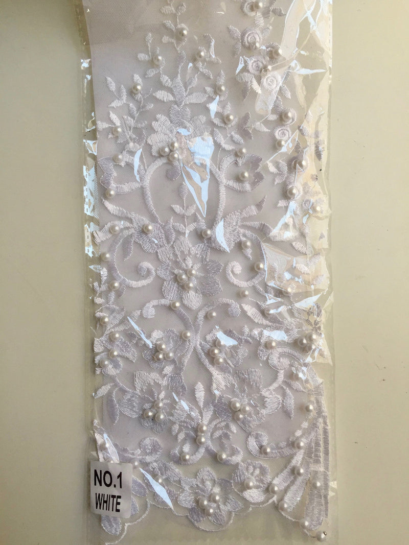 Daphne WHITE Faux Pearls Beaded Flowers and Vines Lace Embroidery on Mesh Fabric by the Yard - 10103