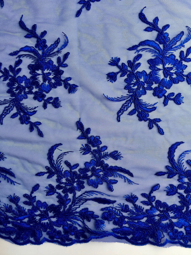 Callie ROYAL BLUE Polyester Floral Corsage Embroidery on Mesh Lace Fabric by the Yard - 10025