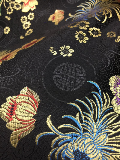 Kate BLACK Floral Brocade Chinese Satin Fabric by the Yard - 10037