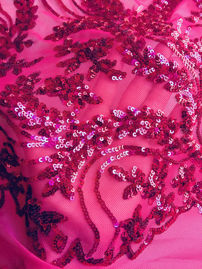 Erin HOT PINK Flowers and Leaves Sequins on Mesh Lace Fabric by the Yard - 10063