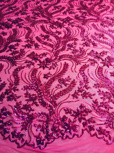 Erin HOT PINK Flowers and Leaves Sequins on Mesh Lace Fabric by the Yard - 10063