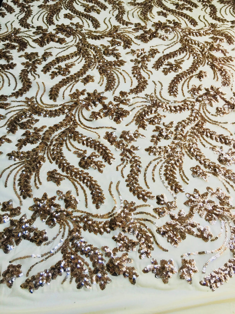 Erin GOLD Flowers and Leaves Sequins on Mesh Lace Fabric by the Yard - 10063