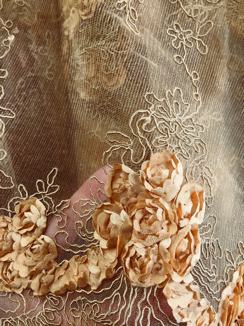 Andrea DARK GOLD 3D Floral Matte Corded Embroidery on Mesh Lace Fabric by the Yard - 10016