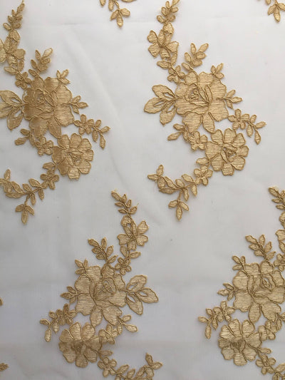 Diana GOLD Polyester Corded Floral Embroidery on Mesh Lace Fabric by the Yard - 10064