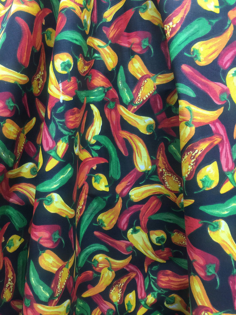 Amira BLACK Printed Chilies Polyester Cotton Fabric by the Yard - 10106