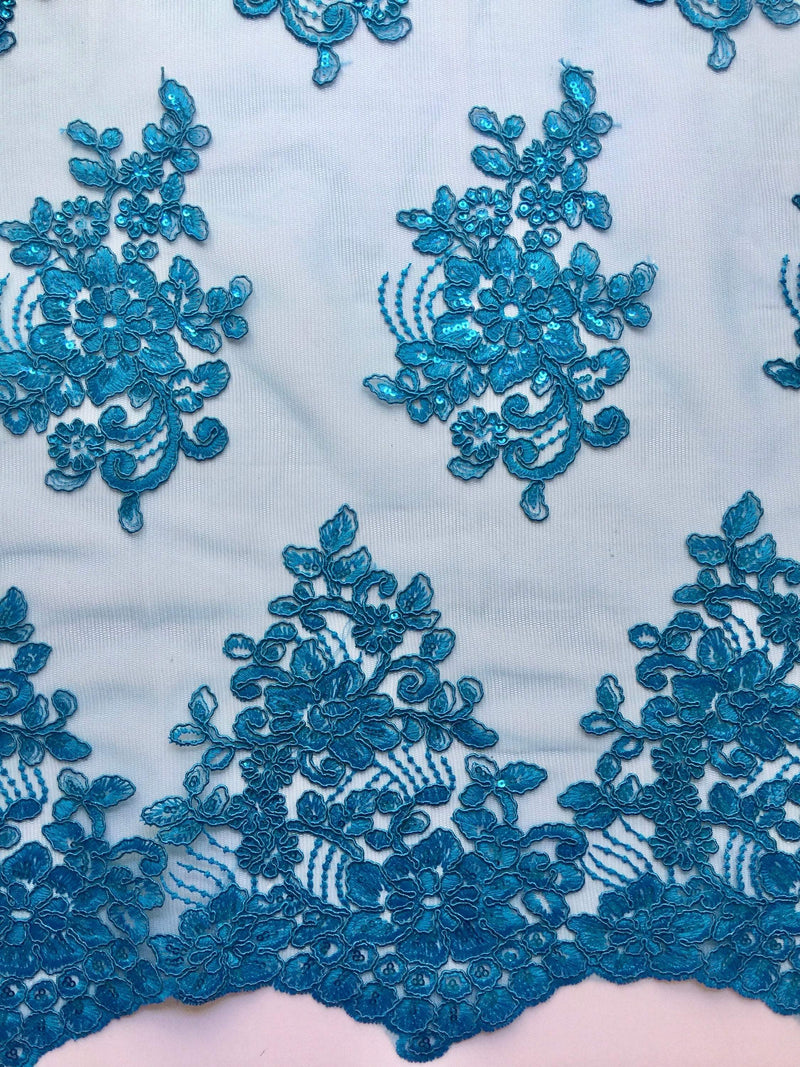 Brianna TURQUOISE Polyester Floral Embroidery with Sequins on Mesh Lace Fabric by the Yard - 10020