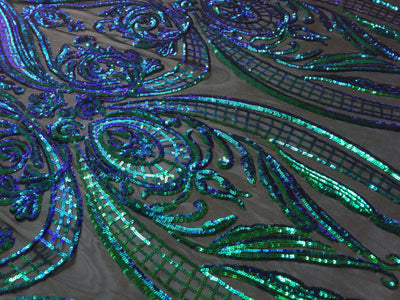 Alaina GREEN BLUE Mermaid Curlicue Sequins on Mesh Lace Fabric by the Yard - 10018