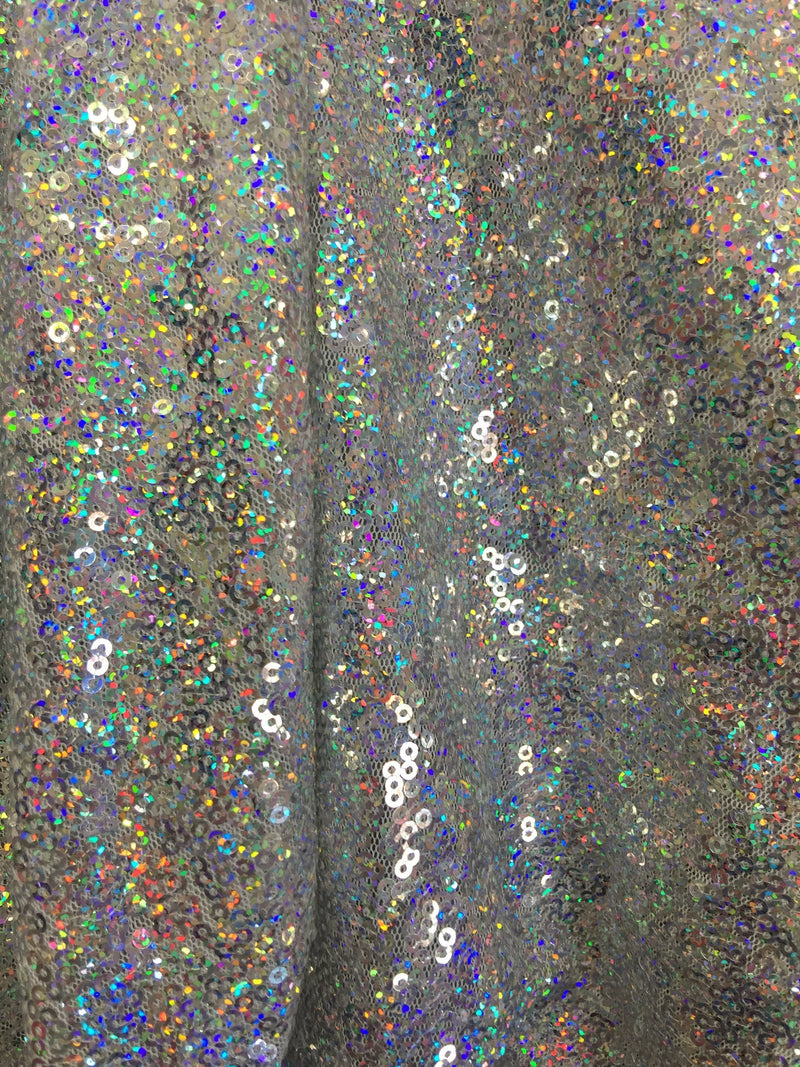 Leila SILVER RAINBOW Sequins on Mesh Fabric by the Yard - 10050