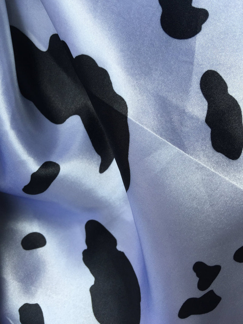 Mikayla BLACK & WHITE Cow Print Poly Satin Fabric by the Yard - 10097