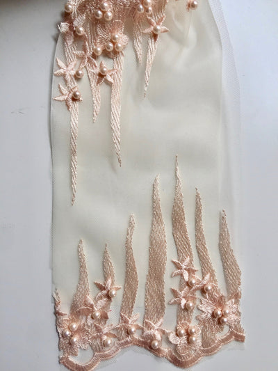 Kelsey PEACH Floral Beaded Lace Embroidery on Mesh Fabric by the Yard - 10093