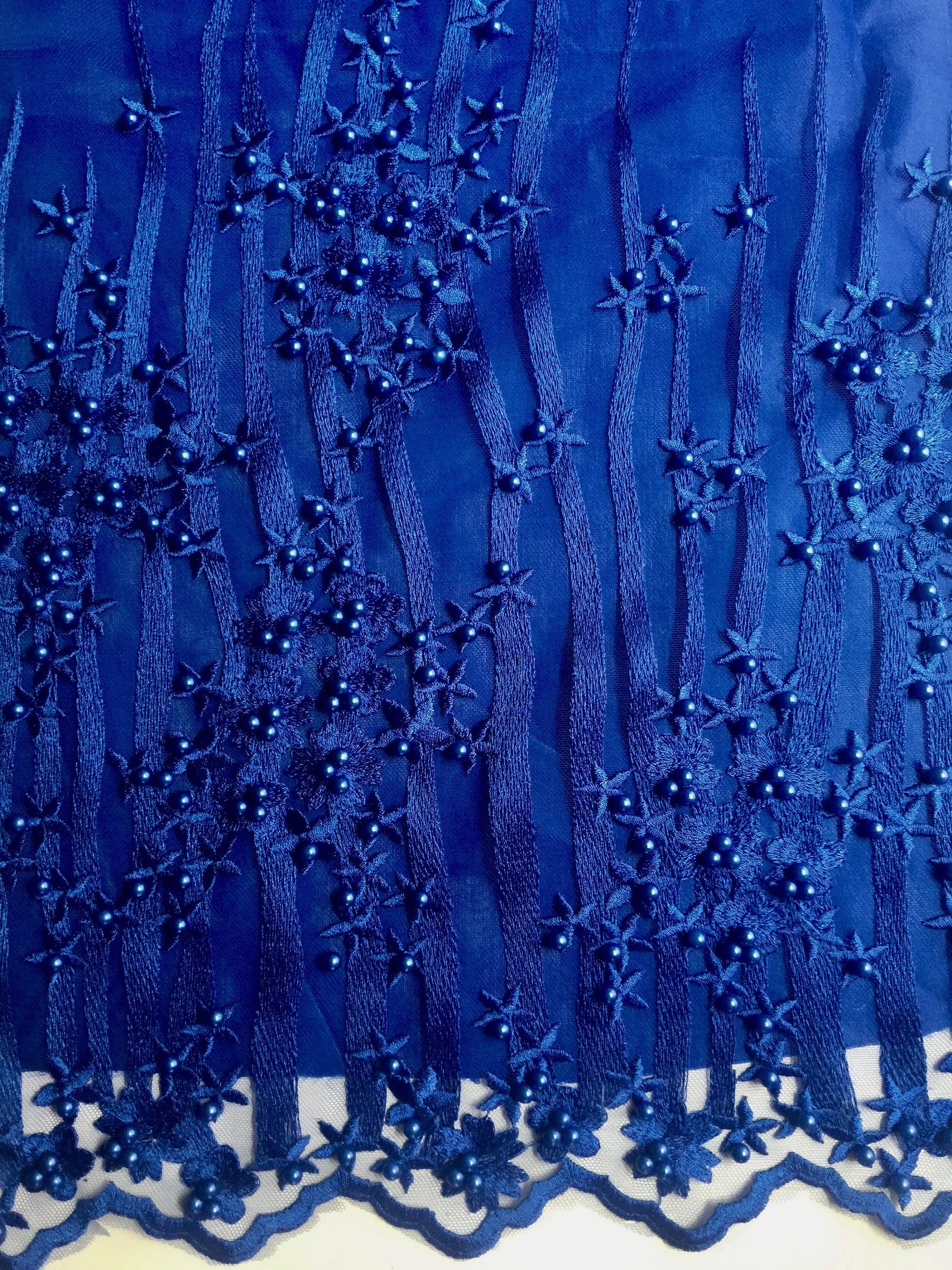 Kelsey ROYAL BLUE Floral Beaded Lace Embroidery on Mesh Fabric by the Yard - 10093