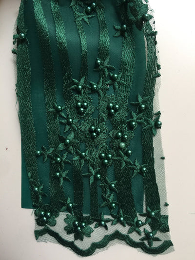 Kelsey HUNTER GREEN Floral Beaded Lace Embroidery on Mesh Fabric by the Yard - 10093