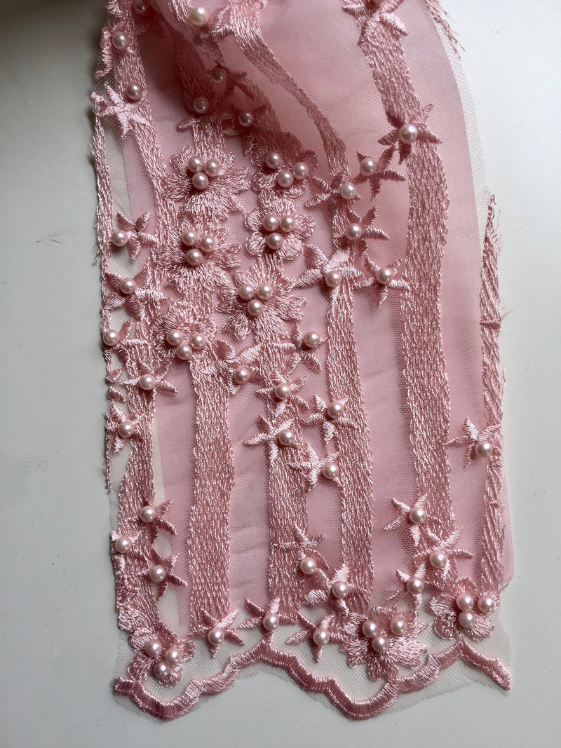 Kelsey PINK Floral Beaded Lace Embroidery on Mesh Fabric by the Yard - 10093