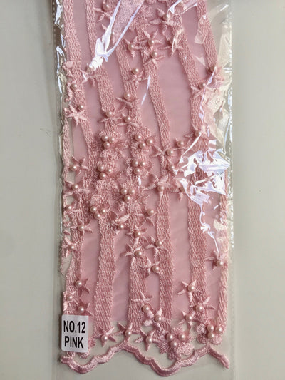 Kelsey PINK Floral Beaded Lace Embroidery on Mesh Fabric by the Yard - 10093