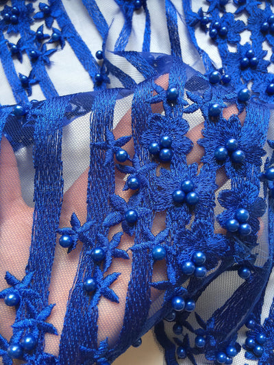 Kelsey ROYAL BLUE Floral Beaded Lace Embroidery on Mesh Fabric by the Yard - 10093