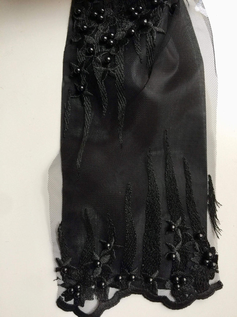 Kelsey BLACK Floral Beaded Lace Embroidery on Mesh Fabric by the Yard - 10093
