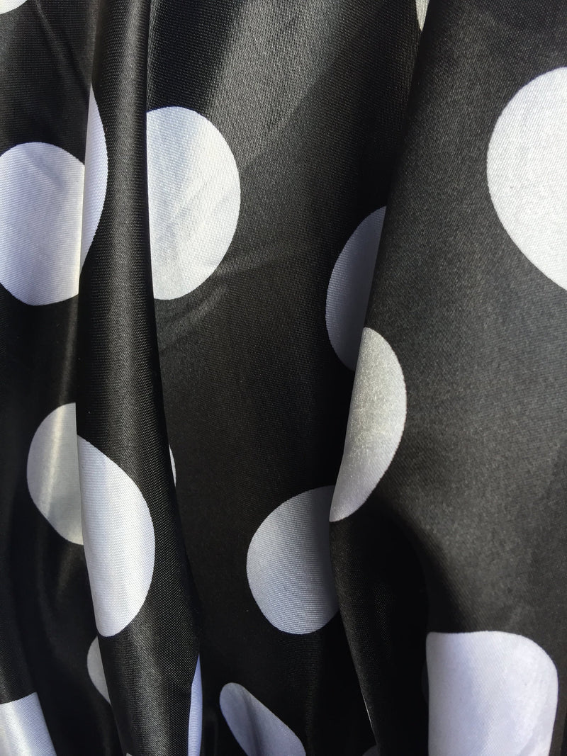 Lana 1.25" WHITE Polka Dots on BLACK Polyester Light Weight Satin Fabric by the Yard - 10071