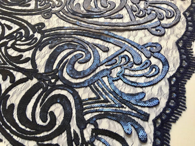Elsie NAVY BLUE Curlicue Sequins on Mesh Lace Fabric by the Yard - 10112