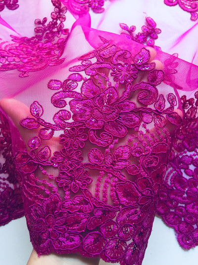 Brianna FUCHSIA Polyester Floral Embroidery with Sequins on Mesh Lace Fabric by the Yard - 10020