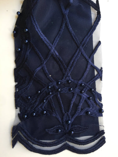 Sabrina NAVY BLUE Faux Pearls Beaded Lace Embroidery on Mesh Fabric by the Yard - 10098
