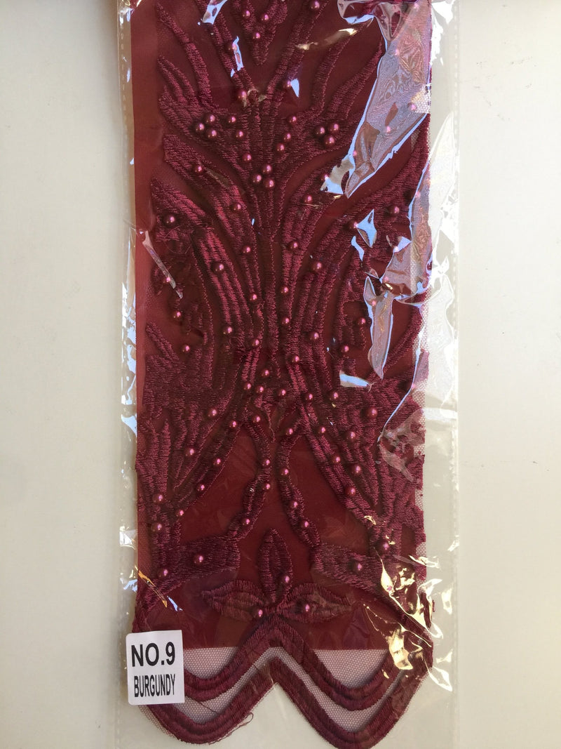 Sabrina BURGUNDY Faux Pearls Beaded Lace Embroidery on Mesh Fabric by the Yard - 10098