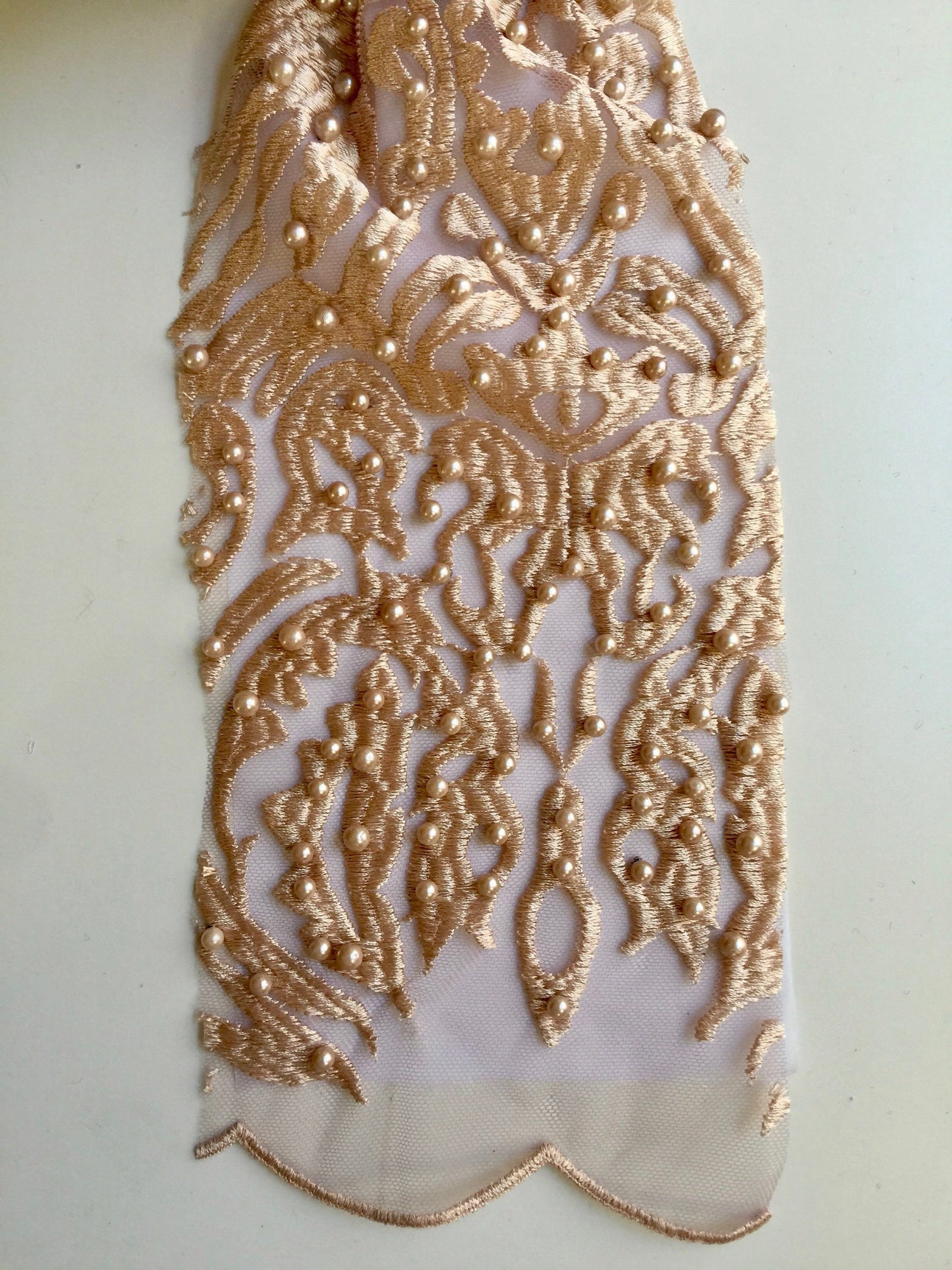 Sabrina CHAMPAGNE GOLD Faux Pearls Beaded Lace Embroidery on Mesh Fabric by the Yard - 10098