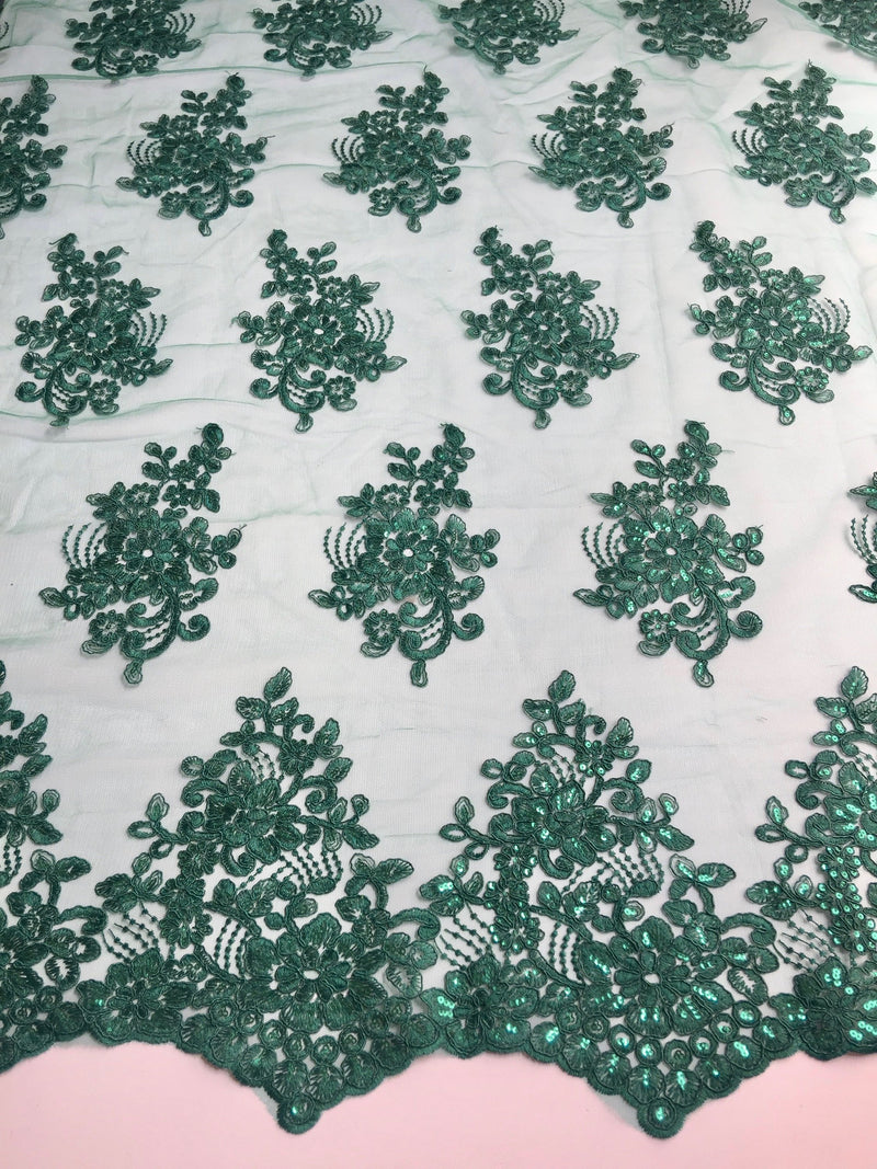 Brianna HUNTER GREEN Polyester Floral Embroidery with Sequins on Mesh Lace Fabric by the Yard - 10020