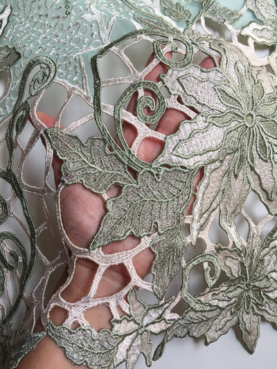 Skye SAGE Embroidered Floral Edge Guipure on Mesh Lace Fabric by the Yard - 10110