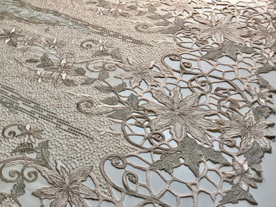 Skye BEIGE TAUPE Embroidered Floral Edge Guipure on Mesh Lace Fabric by the Yard - 10110