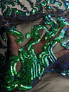 Miranda GREEN BLUE Mermaid Vines and Leaves Sequins on BLACK Mesh Lace Fabric by the Yard - 10061