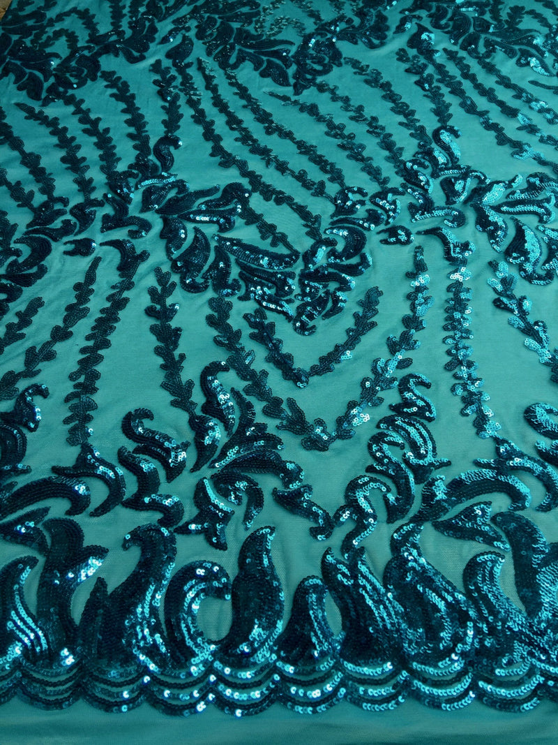 Miranda TEAL Vines and Leaves Sequins on TEAL Mesh Lace Fabric by the Yard - 10061