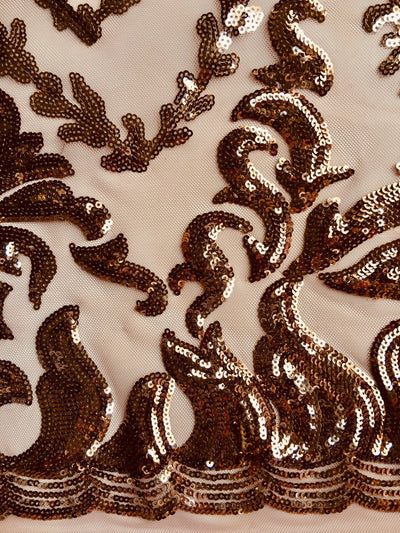 Miranda BRONZE Vines and Leaves Sequins on DUSTYPINK Mesh Lace Fabric by the Yard - 10061