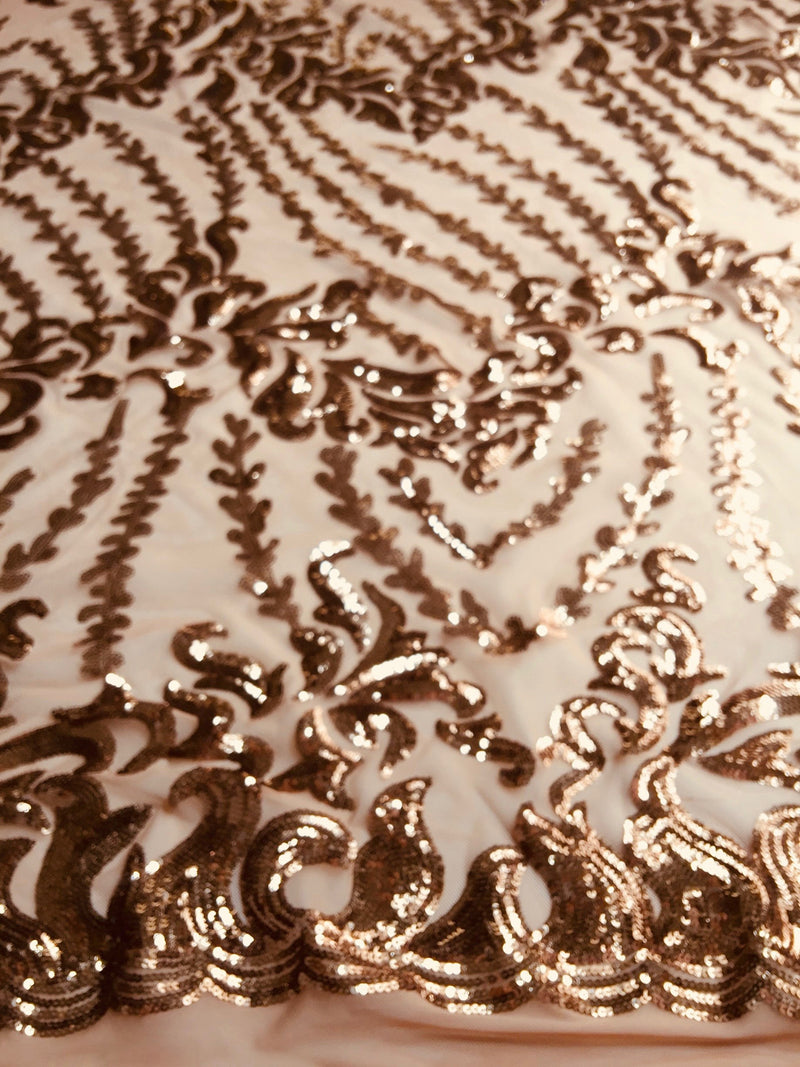 Miranda COPPER Vines and Leaves Sequins on BROWN Mesh Lace Fabric by the Yard - 10061