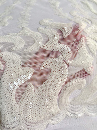 Miranda OFF WHITE Vines and Leaves Sequins on WHITE Mesh Lace Fabric by the Yard - 10061