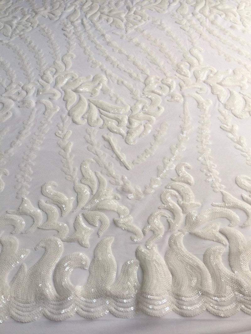 Miranda OFF WHITE Vines and Leaves Sequins on WHITE Mesh Lace Fabric by the Yard - 10061