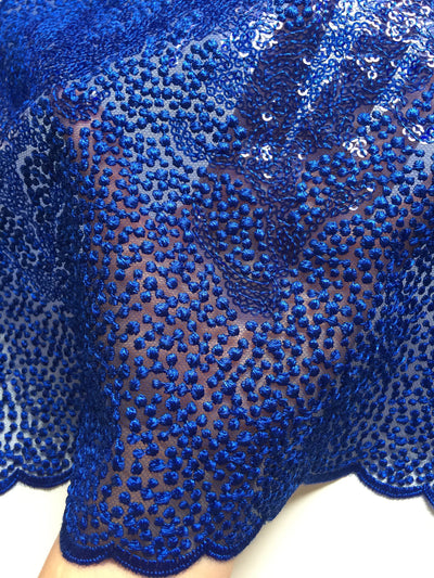 Joanna ROYAL BLUE Maze Sequins Embroidered Dots on Mesh Lace Fabric by the Yard - 10074