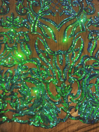 Phoebe GREEN BLUE Sequins on Mesh Lace Fabric by the Yard - 10062