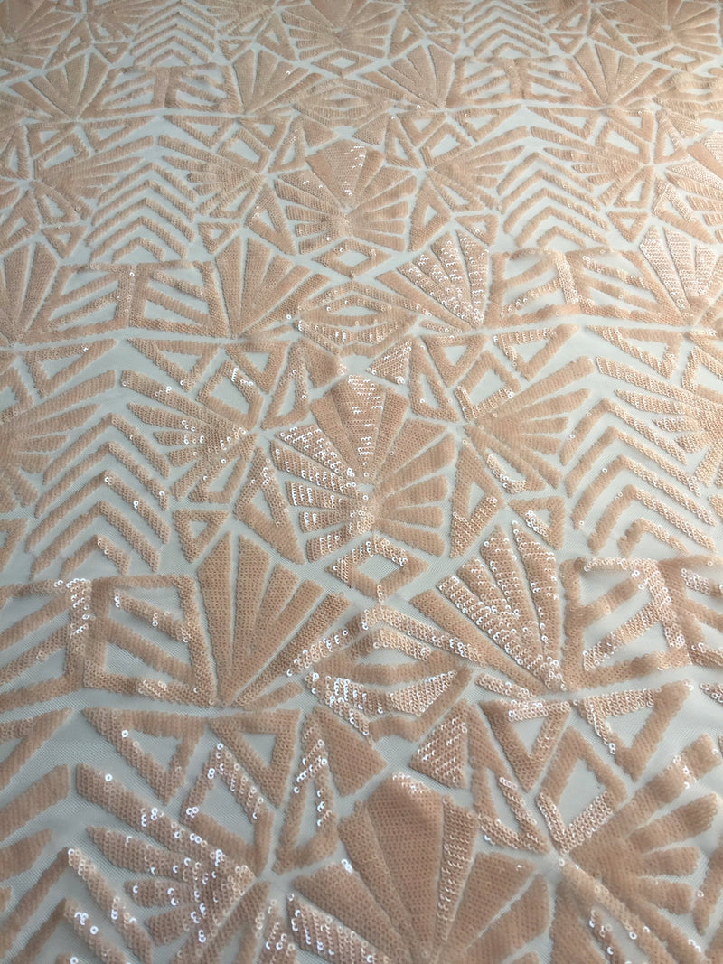 Gia LIGHT PEACH Geometric Sequins on Mesh Lace Fabric by the Yard - 10101