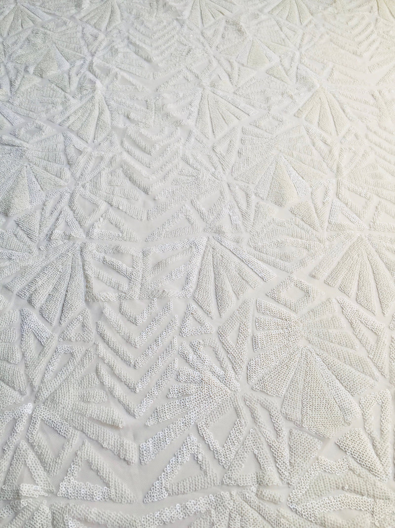 Gia WHITE Geometric Sequins on Mesh Lace Fabric by the Yard - 10101