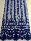 Daphne ROYAL BLUE Faux Pearls Beaded Flowers and Vines Lace Embroidery on Mesh Fabric by the Yard - 10103