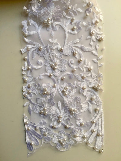 Daphne WHITE Faux Pearls Beaded Flowers and Vines Lace Embroidery on Mesh Fabric by the Yard - 10103