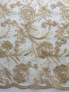 Dakota CHAMPAGNE Polyester Corded Floral Embroidery on Mesh Lace Fabric by the Yard - 10043