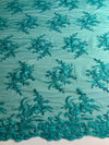 Callie TEAL Polyester Floral Corsage Embroidery on Mesh Lace Fabric by the Yard - 10025