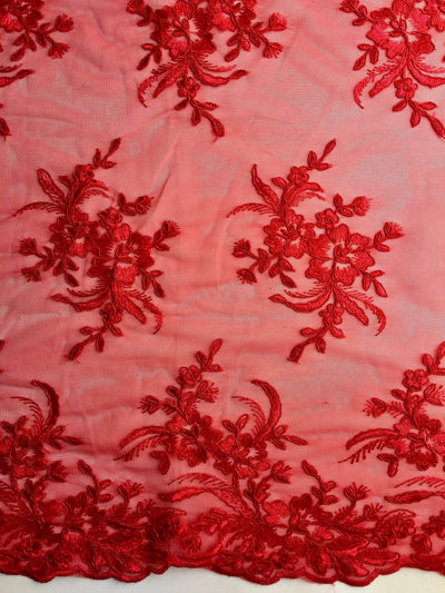 Callie RED Polyester Floral Corsage Embroidery on Mesh Lace Fabric by the Yard - 10025